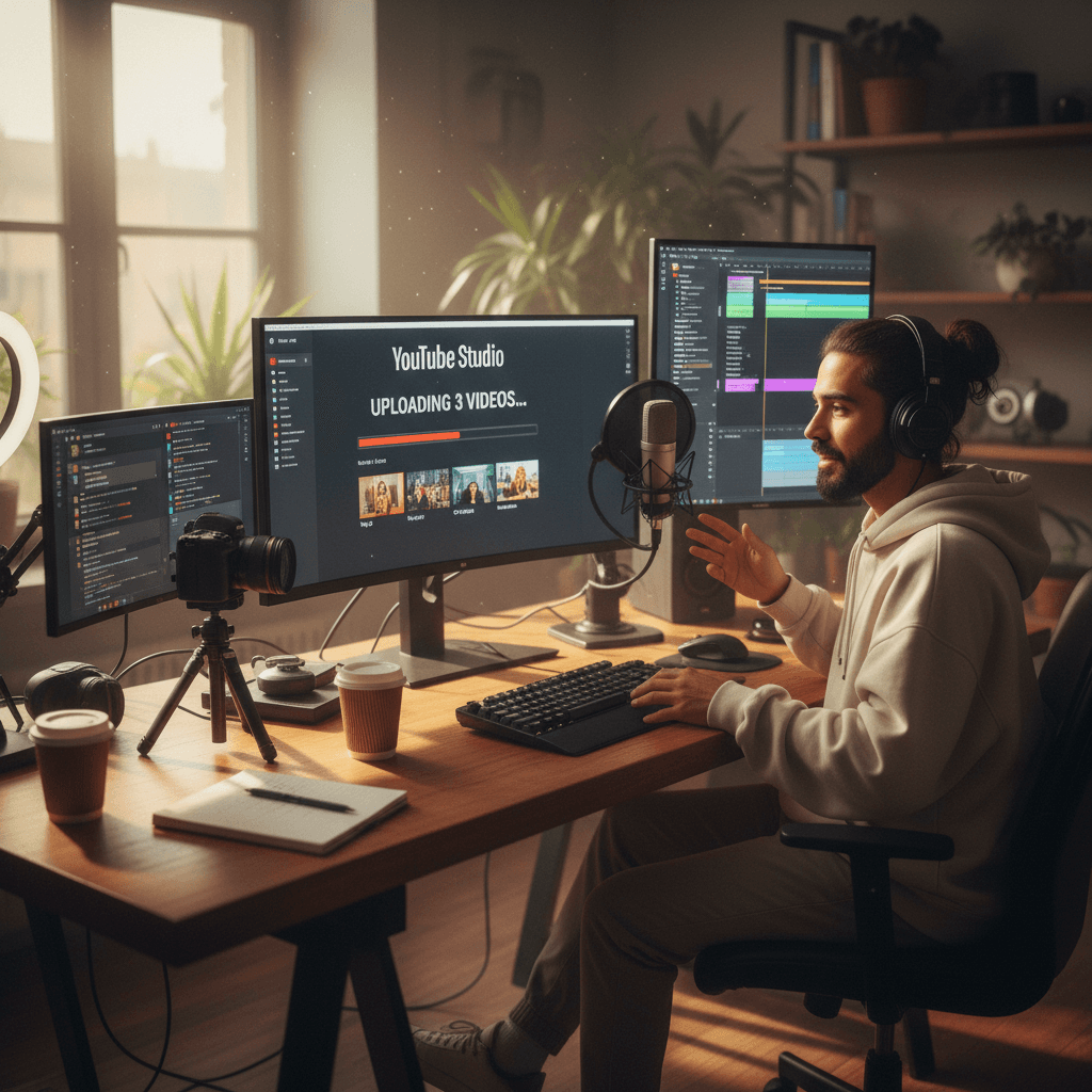 Content creator efficiently uploading multiple videos after using TitleAI